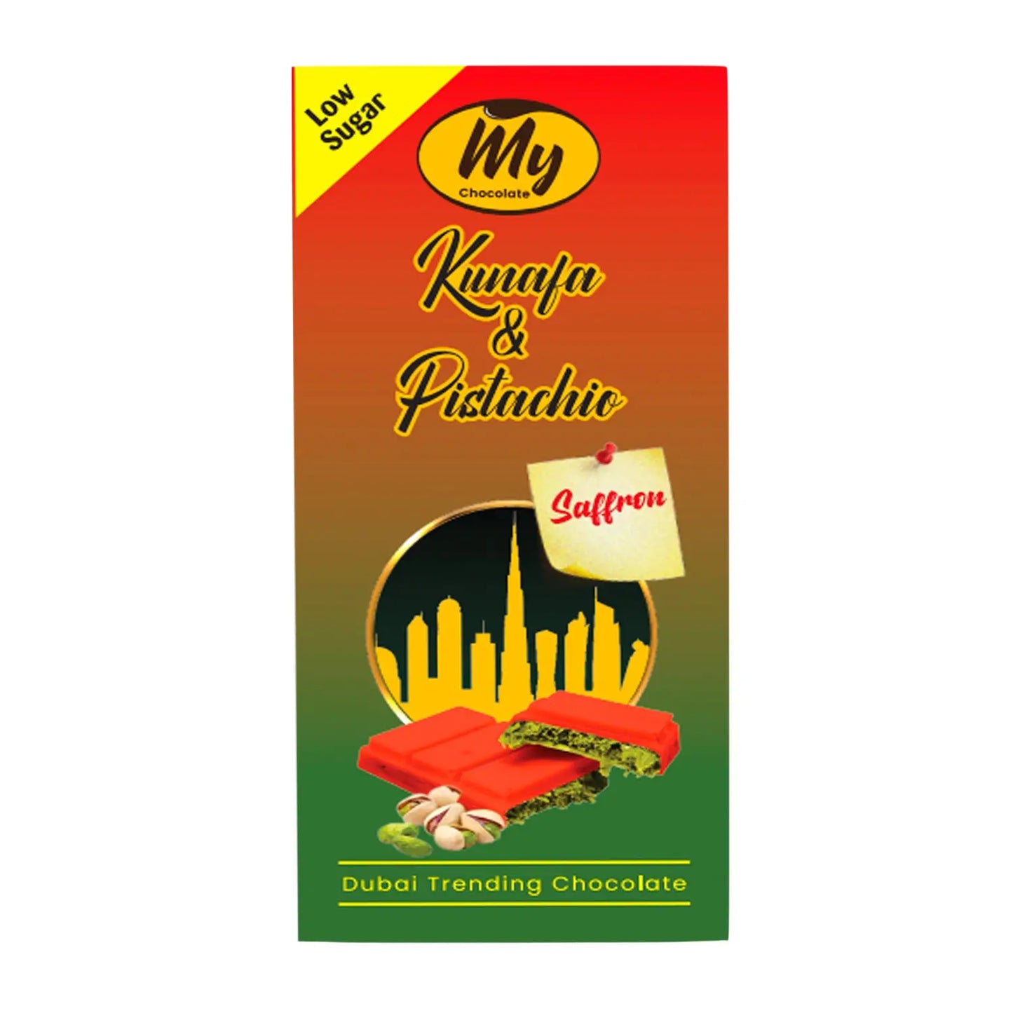 Kunafa Saffron Belgian Chocolate and Pistachio 100g – Dubai Chocolate - My Chocolate