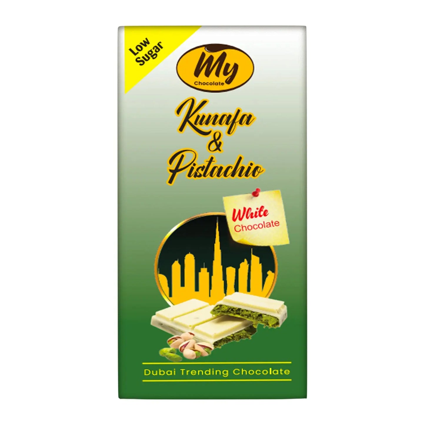 Kunafa Pistachio with White Belgian Chocolate 100g Upto 70% off - My Chocolate