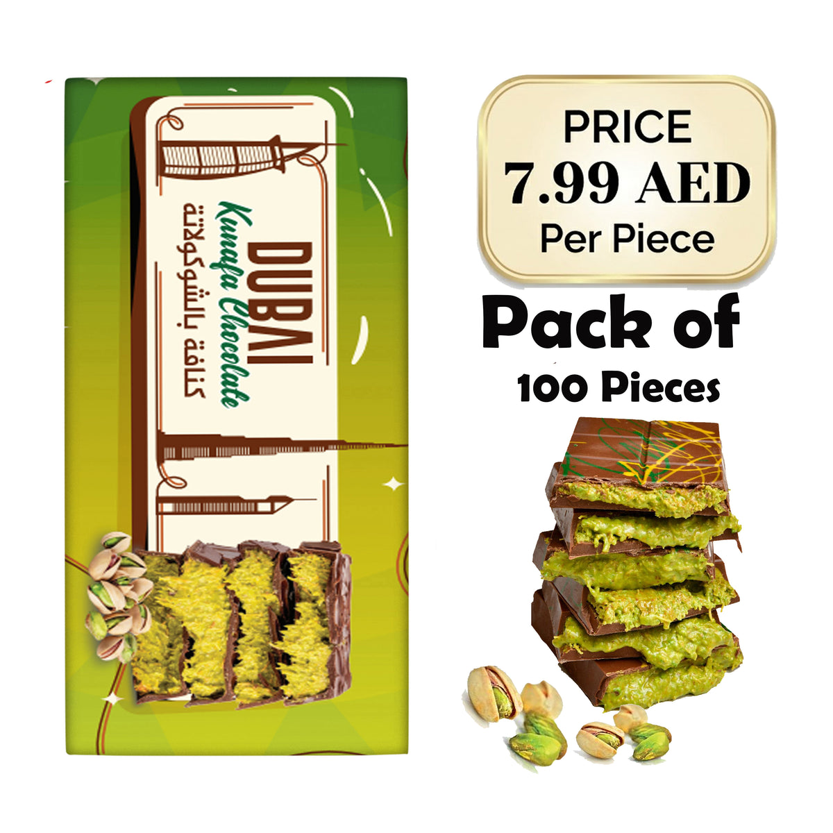 Big Sale! 100 Pieces of Premium Dubai Kunafa Pistachio Chocolate 100g – Now Only AED 7.99 Per Piece My Chocolate