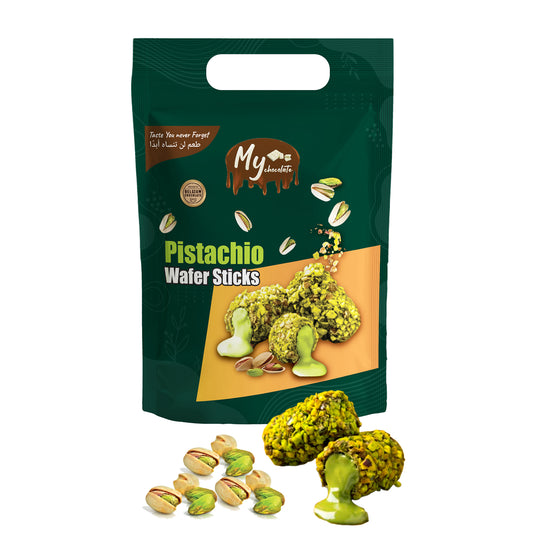Premium Pistachio Wafer Chocolate Stick Pouch 250g – Crispy Chocolate Wafer Rolls My Chocolate