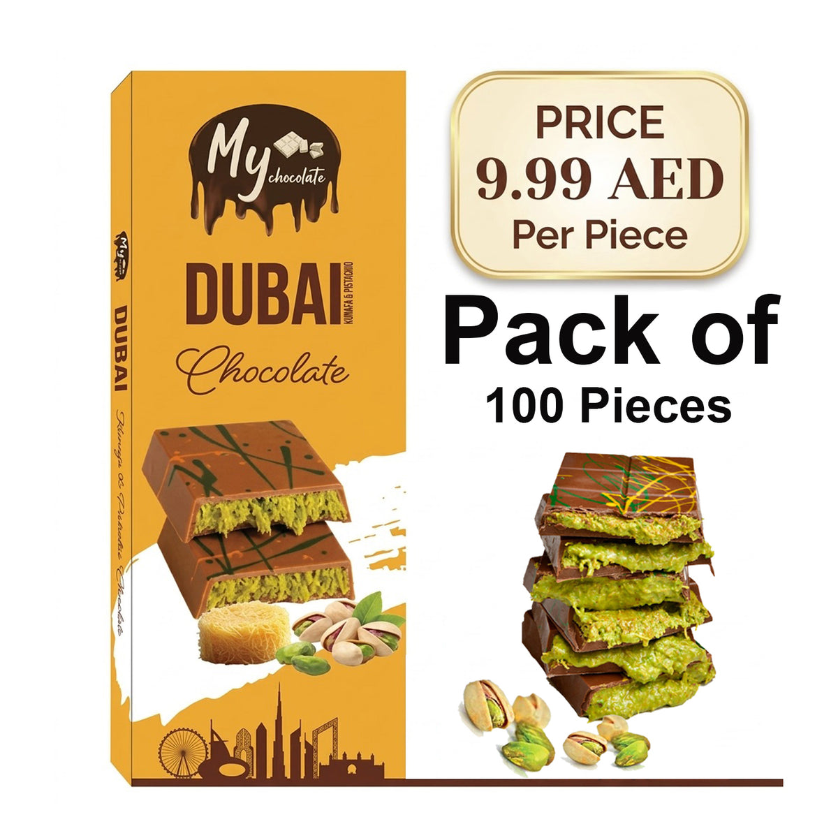 Dubai Chocolate Kunafa Pistachio – 100g - Premium Quality - 100 Peices Pack | Only on AED 9.99 Per Peice My Chocolate