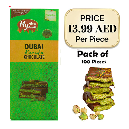Premium Dubai Kunafa Chocolate Pistachio 100g - Chocolate Dubai - 100 Pieces Pack - now 13.99 aed per piece only My Chocolate